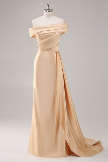 Champagne Mermaid Off the Shoulder Satin Evening Dress with Streamer